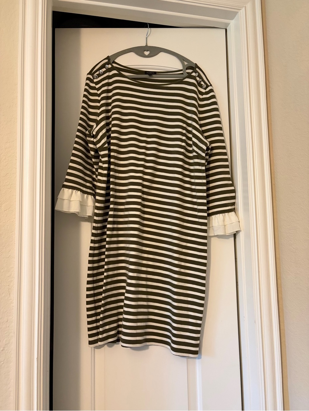 Talbots Olive and White Striped Crewneck Top